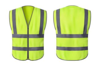 Safety vest jacket, isolated security, traffic and worker uniform wear. Vector fluorescent green waistcoat realistic 3d mockup with reflective stripes and zip, personal protective clothing