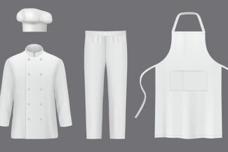 Chef uniforms. Professional suit clothes for cooks jackets and pants decent vector realistic uniform for characters. Illustration of wear professional uniform